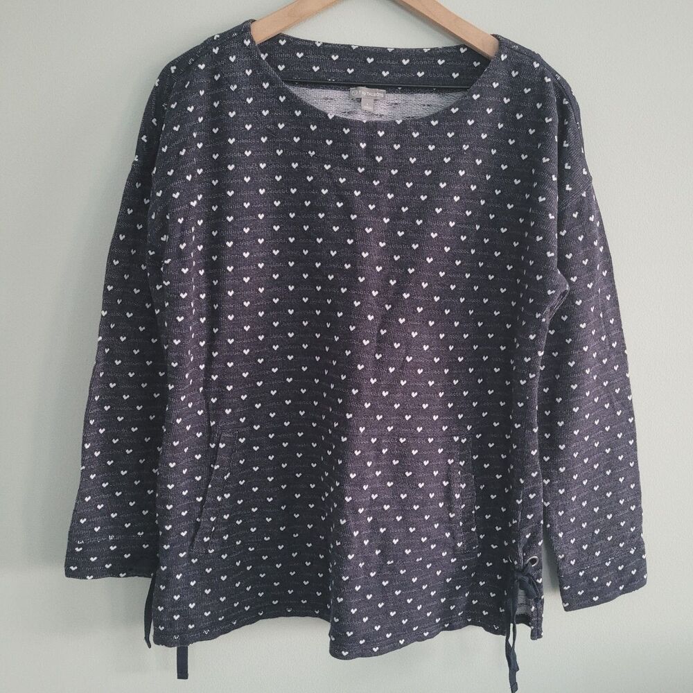 Talbots Top Womens Large Blue Heart Long Sleeve Tie Sides Kangaroo Pocket